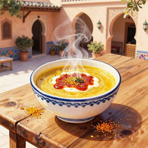 Photograph of steaming bowl with yellow soup, red sauce, and sprinkle of paprika on wooden table, in sunlit Moroccan courtyard.