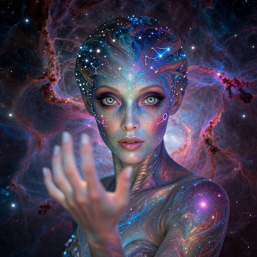 Digital artwork of a glowing, blue-skinned woman with star-studded hair and cosmic patterns, reaching forward against a vibrant, nebula-like background.