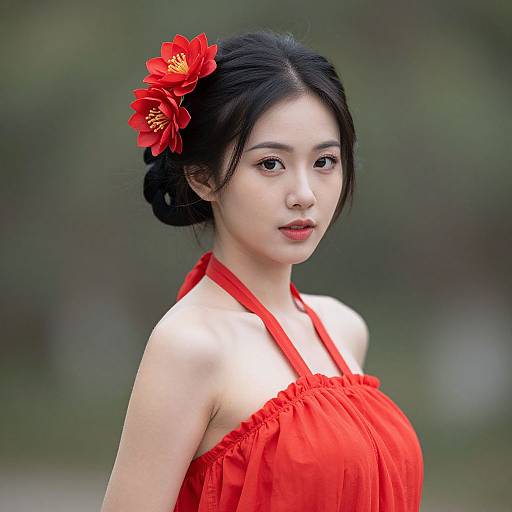 Asian Woman in Red Dress