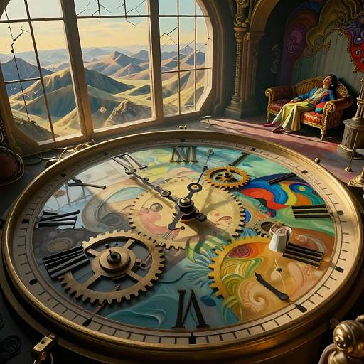 Steampunk-style clock with colorful gears and faces, set in a sunlit, arched-window room with a mountain view, and a seated woman