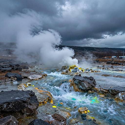 Photograph of a dramatic geothermal landscape with bubbling, white steam rising from a turbulent, blue-green river over dark, rocky terrain under a storm