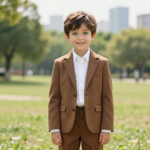 Young Boy in Brown Suit Outdoors