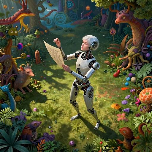 CGI image of a white, robotic humanoid reading a scroll in a vibrant, whimsical forest filled with colorful, fantastical creatures.