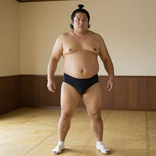 Photograph of a heavyset Asian woman with black hair in a bun, standing topless in black underwear, white socks, in a traditional wooden-w