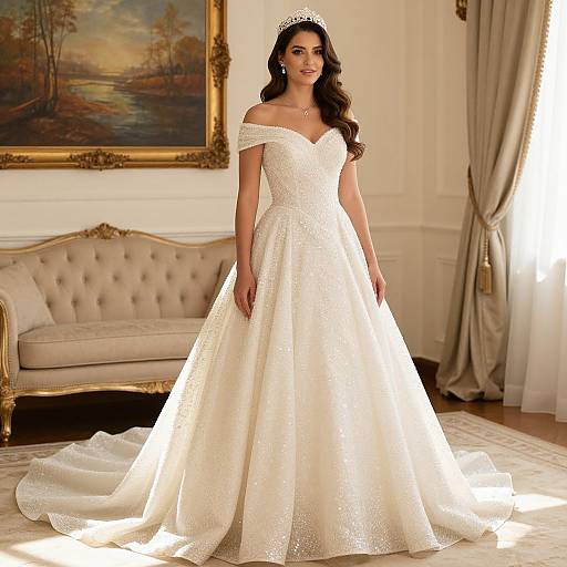 Photograph of a beautiful woman in an off-shoulder, white lace wedding gown with a long train, standing in an elegant room with a tu