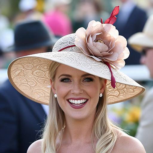 Photograph of a smiling blonde woman in a large, white, lace-patterned hat with a beige flower and red feather, wearing pearl earrings, at