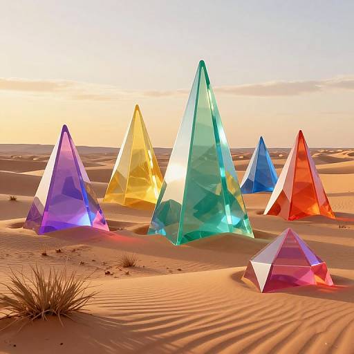 Photograph of six vibrant, translucent crystal pyramids in purple, yellow, green, blue, red, and pink, standing in a sunlit desert