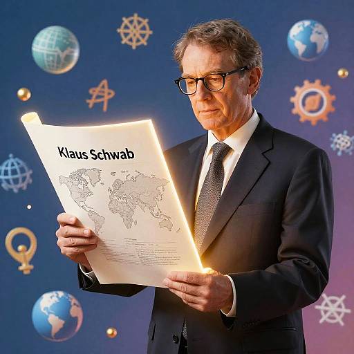 Klaus Schwab Holding Glowing Draft Scroll