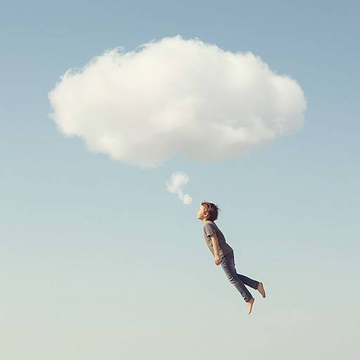 Photograph of a young boy with curly hair, wearing a gray shirt and blue jeans, floating mid-air with a white cloud above him against a clear