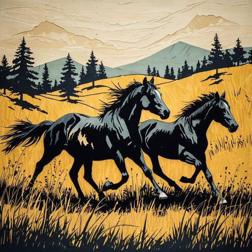Multilevel Lithography Wild Horses in Meadow