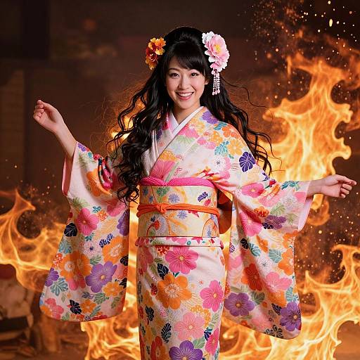 Photograph of a smiling Asian woman in a colorful floral kimono, standing amidst bright, dancing flames, adorned with a white and orange flower in her