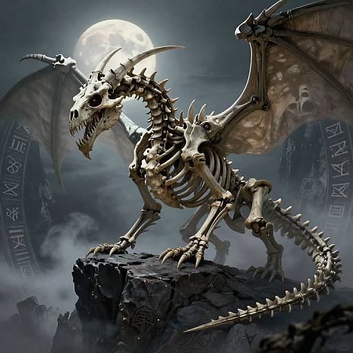 Digital fantasy artwork of a skeletal dragon with sharp horns and wings, standing on a rocky cliff under a full moon. Dark, mystical background with ancient runes