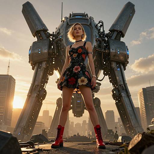 Cyberpunk woman in floral dress and red boots stands confidently in front of massive mecha robot, sunset over city skyline.