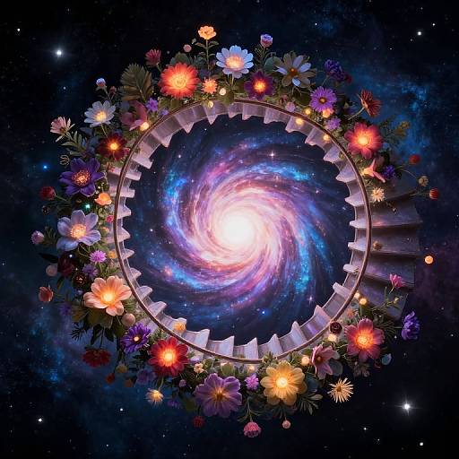 Digital art: Vibrant spiral galaxy center surrounded by a circular wreath of colorful flowers and glowing candles in a starry night sky.