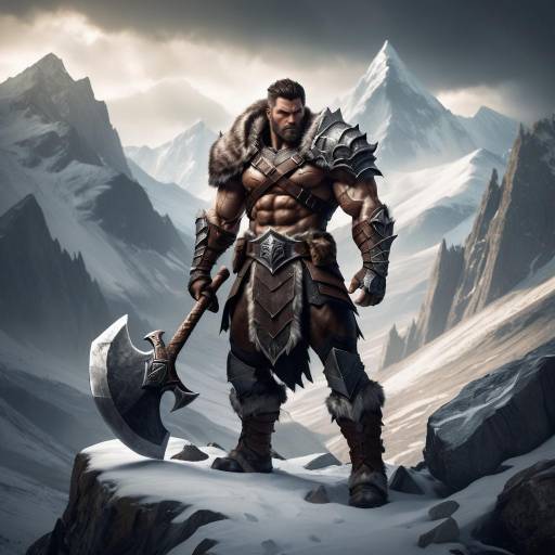 Barbarian Warrior with Axe in Snowy Mountains