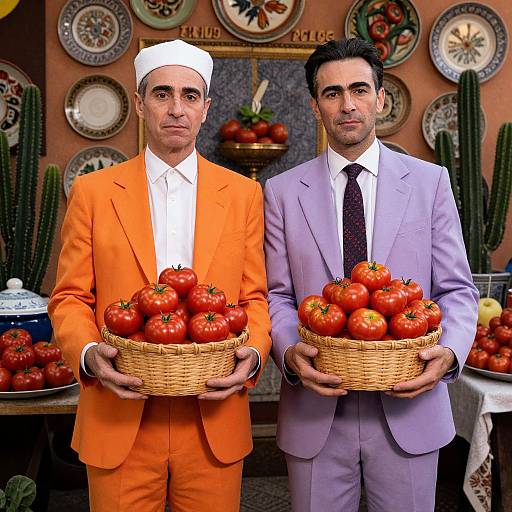 Photograph of two men in suits, one orange, one lavender, wearing white caps, holding baskets of ripe tomatoes in a colorful, cactus-ad