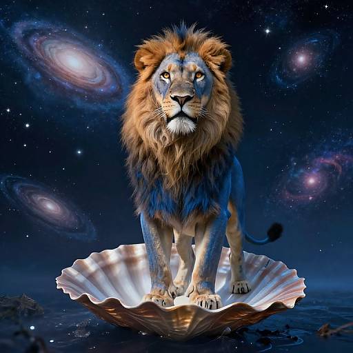 Digital art: Majestic lion with glowing blue fur stands on a luminous seashell in a starry, galaxy-filled night sky.