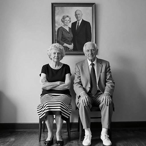 Elderly Couple Sitting with Portrait on Wall