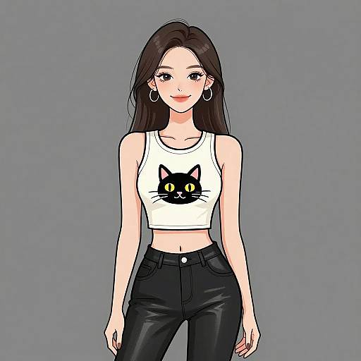Digital anime-style drawing of a slim, fair-skinned woman with long brown hair, wearing a white crop top with a black cat graphic, black leather