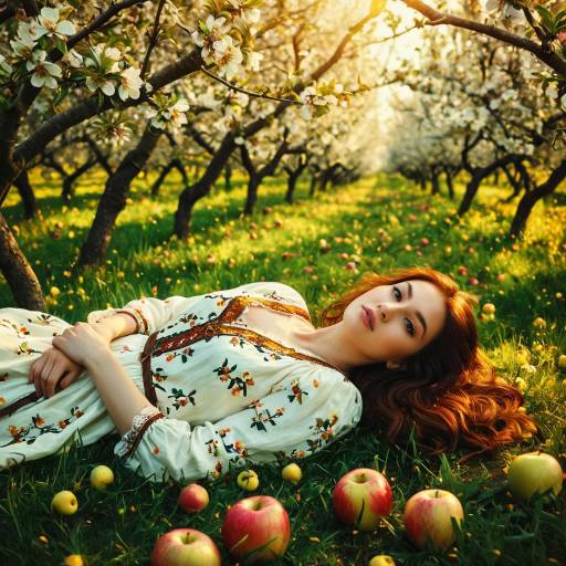 Woman Lying in Blooming Apple Orchard