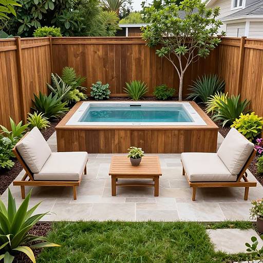 Modern Backyard with In-Ground Spa and Lounge Chairs