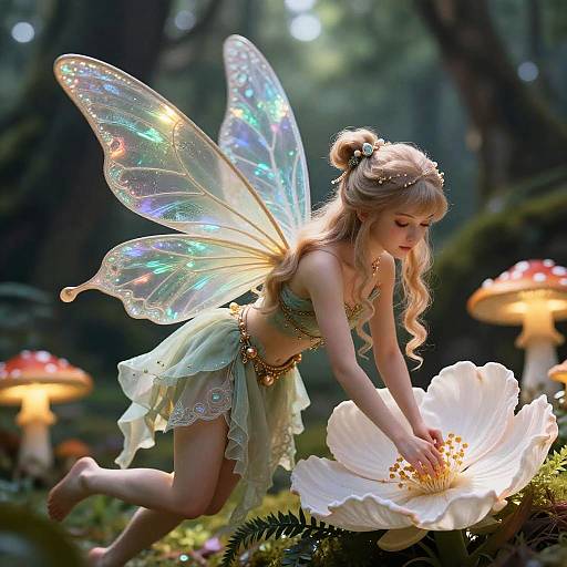 Digital fantasy artwork: A fairy with iridescent wings, blonde hair, green lace outfit, touches a glowing white flower in a forest with glowing mushrooms