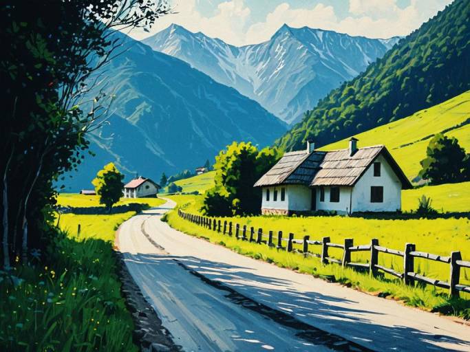 Digital Painting of Mountain Road and Rural Houses