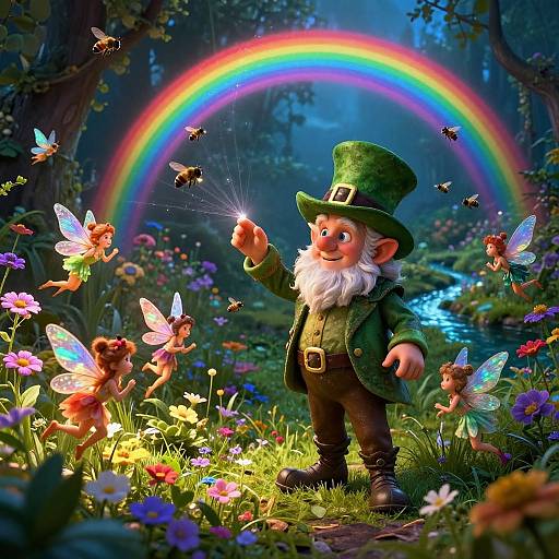 Whimsical digital artwork of a leprechaun in a green hat, coat, and boots, surrounded by fairies, butterflies, and a