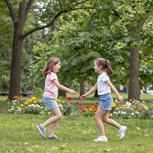 Photograph of two young girls with brown hair, wearing white and pink shirts, denim shorts, and sneakers, running playfully in a lush, tree