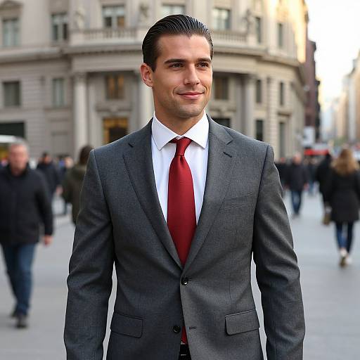 Photograph of a handsome, dark-haired man in a gray suit, white shirt, and red tie, walking confidently in a busy urban street with blurred