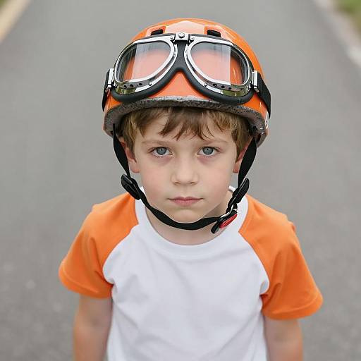 Young Boy in Orange Helmet and T-Shirt