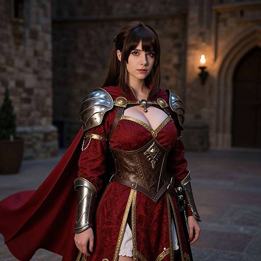 CGI medieval fantasy image of a stern-faced woman with dark hair in red and gold armor, standing in a dimly lit stone courtyard with a warm
