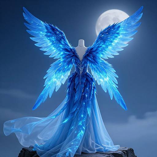 Digital artwork of a glowing blue angelic dress with large, illuminated feather wings, set against a moonlit night sky.