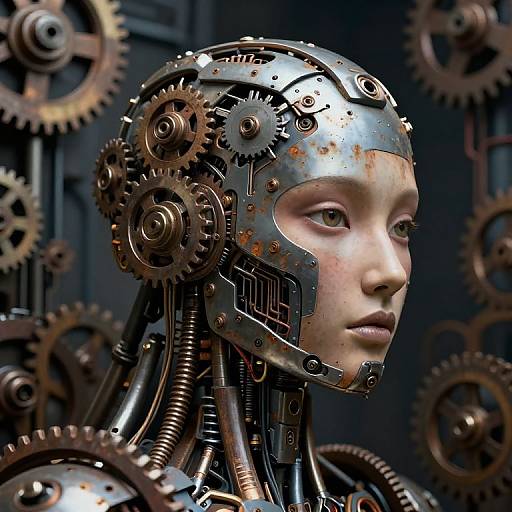 CGI image of a cybernetic woman with a metallic headpiece, featuring gears and cogs, set against a dark, gear-filled background.