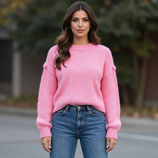 Photograph of a woman with long, wavy brown hair, wearing a pink knit sweater and blue jeans, standing outdoors against a blurred tree background.