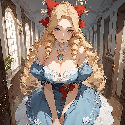Anime Blonde Woman in Blue Dress with Red Bow