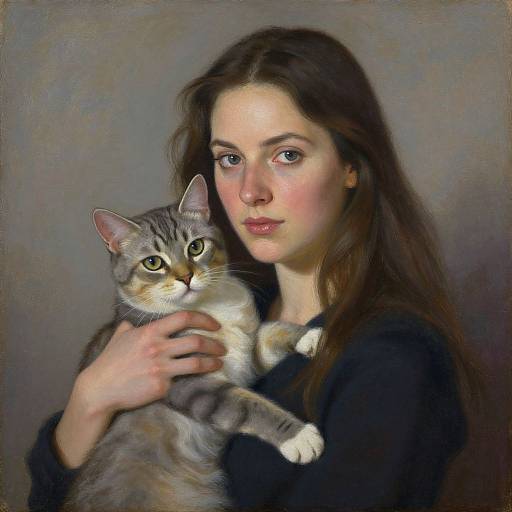Digital painting of a fair-skinned young woman with long brown hair, holding a gray and white tabby cat against a muted gray background. She wears