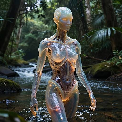 Humanoid Luminescent Being in Jungle River