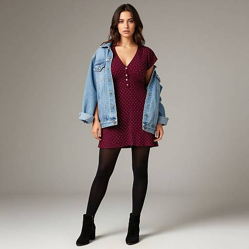 Photograph of a young woman with long brown hair, wearing a maroon polka dot dress, black tights, black ankle boots, and a