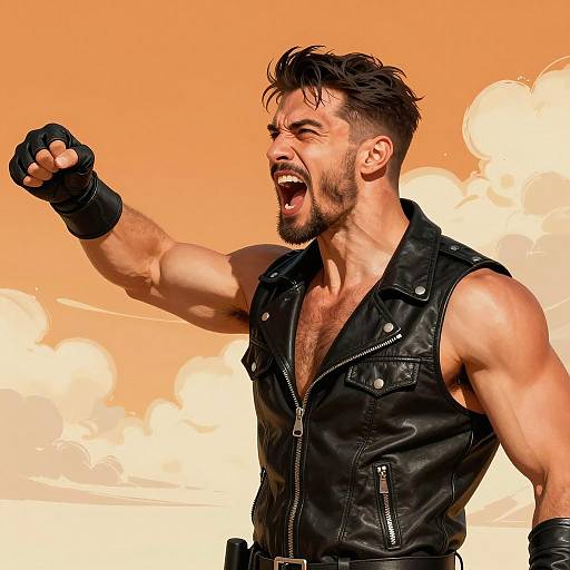 Intense Muscular Man in Leather Vest