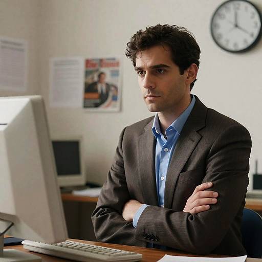 Serious Man in Pinstripe Suit at Desk