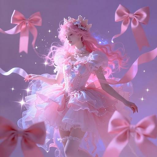 Digital artwork of a glowing, pink-haired girl in a frilled, white dress surrounded by sparkling lights and floating pink bows.