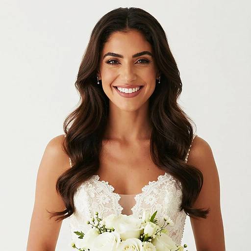 Photograph of a smiling woman with long, wavy dark brown hair, wearing a white lace wedding dress, holding a bouquet of white flowers, against