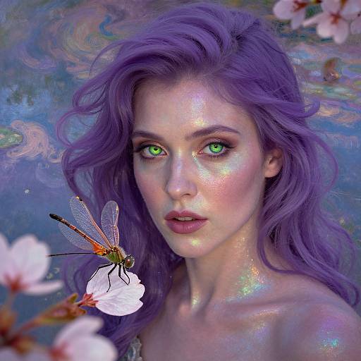 Digital painting of a fair-skinned woman with vibrant purple hair and glowing green eyes, holding a delicate dragonfly on a white flower, surrounded by cherry