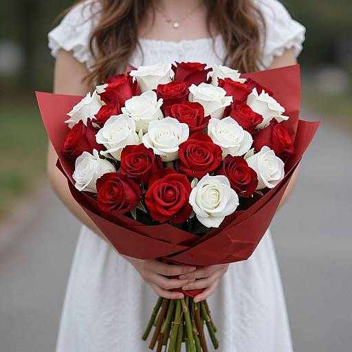 Woman with Red and White Roses