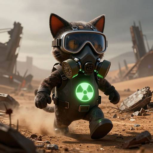 Digital art: Anthropomorphic black cat in full gas mask with glowing green center, running through a post-apocalyptic, ruined desert landscape.
