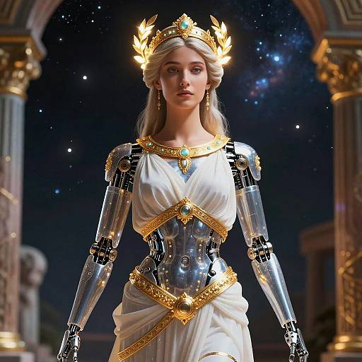 Digital art of a blonde woman with a golden laurel crown, wearing a white toga and metallic robotic armor, standing under a starry night sky