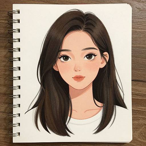 Digital drawing of an Asian woman with long black hair, large eyes, and fair skin, wearing a white shirt, on a sketchpad.