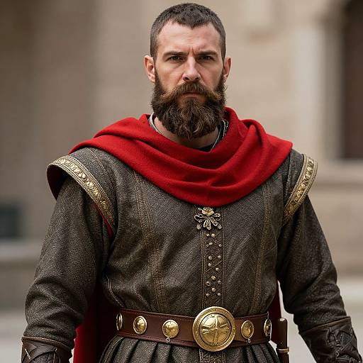 Photograph of a bearded, dark-haired man with a serious expression, wearing a red cloak and ornate, dark brown medieval armor.