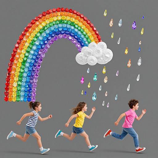 Photograph of three children running under a colorful, star-shaped rainbow with a white cloud and raindrops on a gray background.